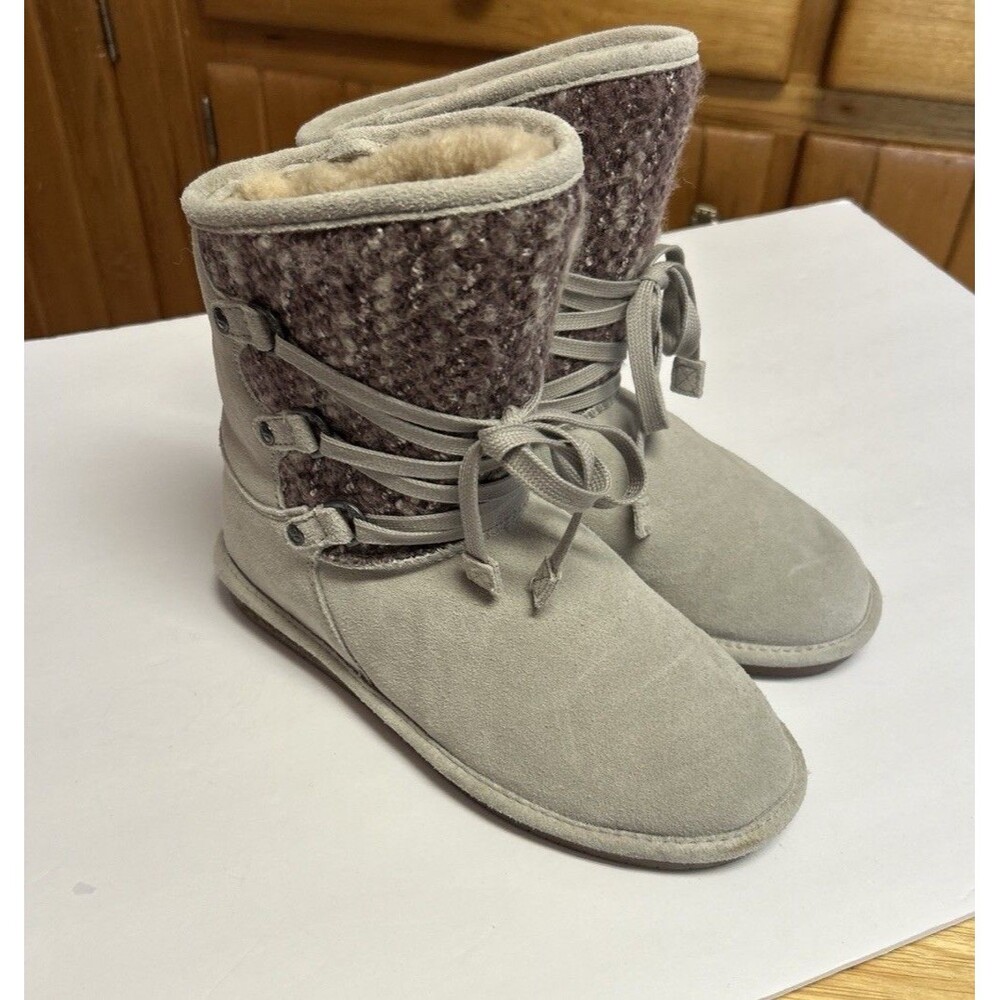Bearpaw Colby Gray Suede And Mauve Wool Boots Size 9 Womens